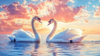 Fototapeta premium Two elegant swans gracefully swim together at sunset, surrounded by vibrant clouds.