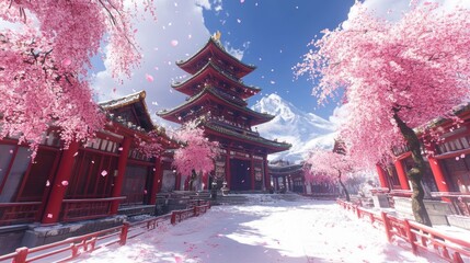 Fototapeta premium Red Pagoda Snow Scene Cherry Blossoms Mountain
