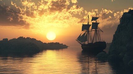 Fototapeta premium Vintage sailing ship at sunset. Concept of adventure, exploration, and maritime history.