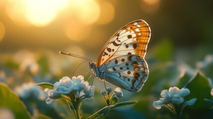 Obraz premium Butterfly resting on a white flower in soft sunlight