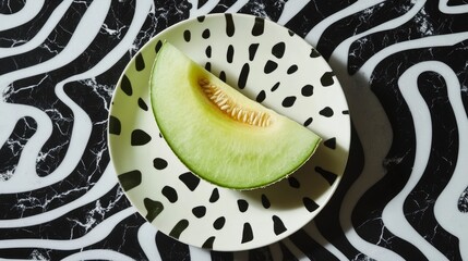 Fototapeta premium Sliced cantaloupe on spotted plate, black-white marbled background.