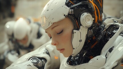 Fototapeta premium Close-up of a woman interacting with a humanoid robot in futuristic style