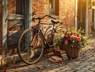 The image shows a vintage bicycle parked near a wooden door, with a basket filled with flowers and a stack of books placed next to it on a brick-paved sidewalk.