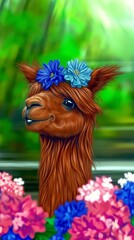 Cute brown llama with a flower crown in a vibrant outdoor setting