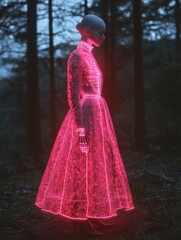 Fototapeta premium Silhouette of a woman in glowing red futuristic dress in a dark forest
