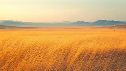 Obraz premium Golden wheat field swaying under sunlight with distant hills