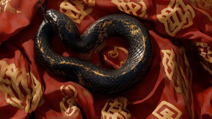 Fototapeta premium Black Snake Coiled On Red Gold Embroidered Fabric