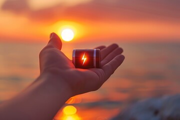 A hand holding a glowing battery with a lightning bolt symbol at sunset, representing clean energy