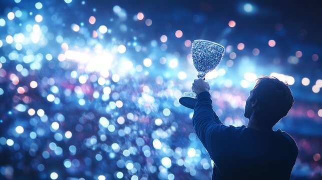 A man is holding a trophy in a stadium with a crowd of people watching