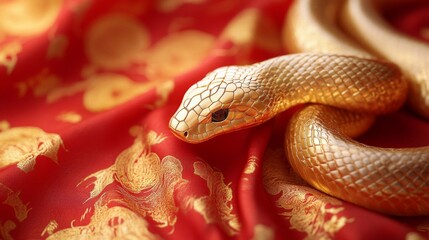 Fototapeta premium Golden Snake Coiled on Red Fabric with Dragon Designs