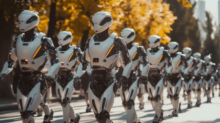 Robots marching in unison under golden autumn trees