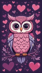 Fototapeta premium Cute owl with hearts surrounded by whimsical decorations on a soft backdrop
