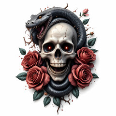 3D Ai Digital illustration art Skull Snake Tattoo logo design, dragon rattle snake, vibrant, roses, open mouth, blood, danger, horror, t-shirt, print, stickers, vintage, Isolated on white background 