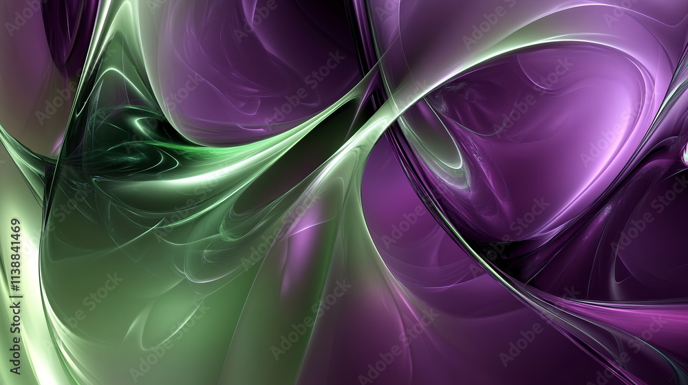 Poster luminous abstract shapes in green and purple, creating a contrasting visual effect with a smooth, gl