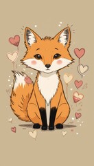 Obraz premium Cute fox surrounded by hearts expresses love in a whimsical cartoon style
