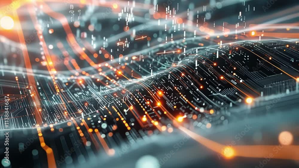 Poster complex network of digital information flowing like a wave, representing the future of technology an