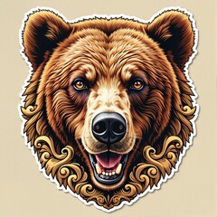 Fototapeta premium Bear Portrait with Ornate Frame and Bold Details, Majestic Wildlife Art, Print for T-Shirt