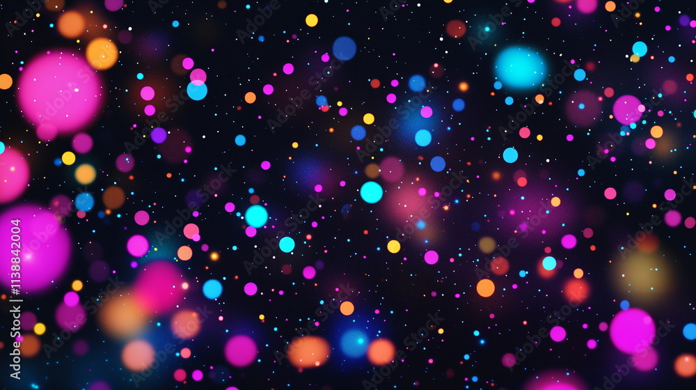 Poster neon dots and specks in varying sizes scattered across a dark surface, creating a cosmic starry nigh