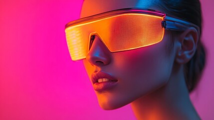 Stylized person wearing bright orange futuristic sunglasses with neon glow
