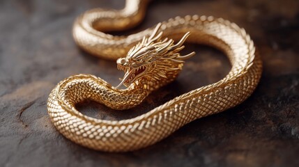 Fototapeta premium Golden Dragon Serpent Coiled Majestically On Dark Surface