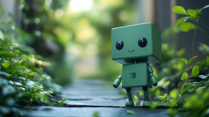 Small green toy robot standing on a wooden path surrounded by nature
