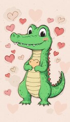 Fototapeta premium Charming cartoon crocodile expressing love in a colorful heart-filled backdrop