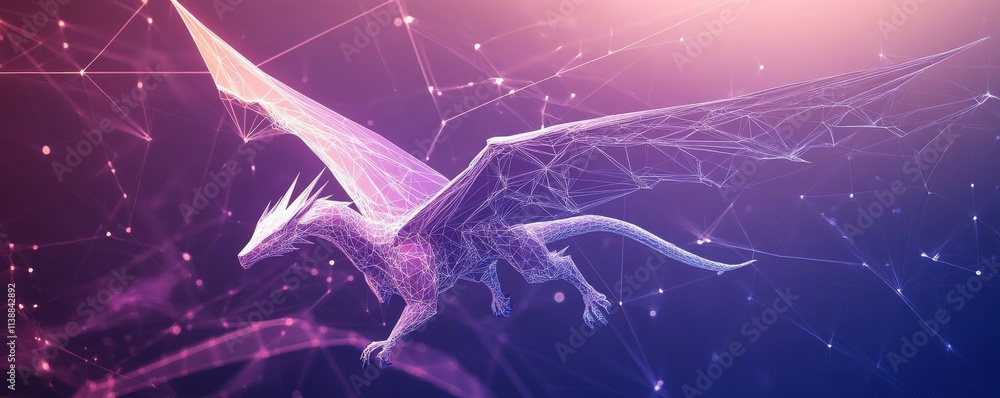Poster wireframe low poly dragon with angular wings and geometric body, flying through an abstract space