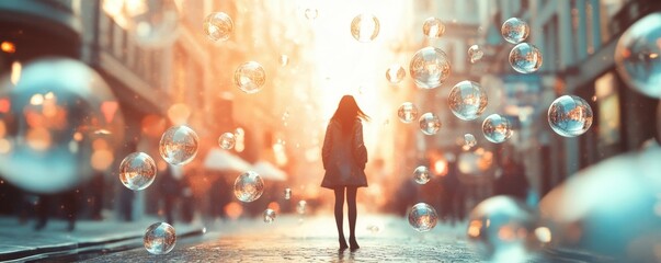 Woman standing on the street with falling, bouncing glass spheres. This is entirely generated image.