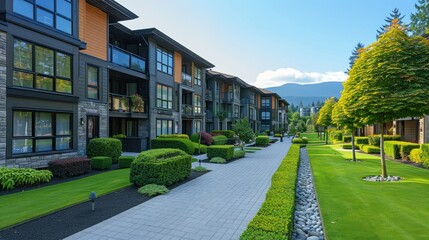 Fototapeta premium Modern apartment complex with landscaped gardens and walkways under a clear blue sky.