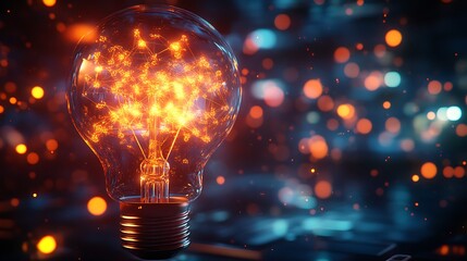 Turned on lightbulb in the dark high technology illustration, new ideas and critical thinking concept