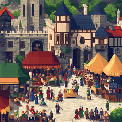 Obraz premium Illustrate pixel art medieval marketplaces with bustling activity, diverse stalls, and vibrant crowds, vector icon design, flat style.