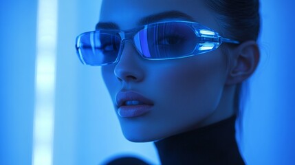 Side profile of a woman in blue neon light wearing futuristic sunglasses