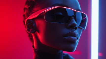 Modern portrait of a stylish woman with red futuristic eyewear in neon lighting