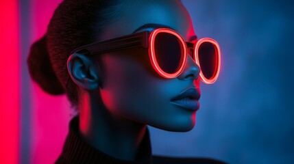 Stylized closeup of a woman wearing red glowing round sunglasses under neon lighting