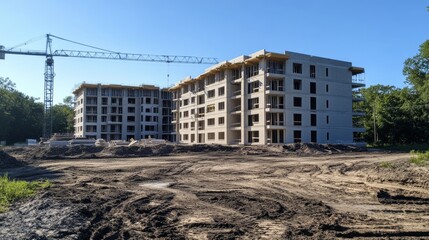Construction site of a modern residential building with a clear blue sky