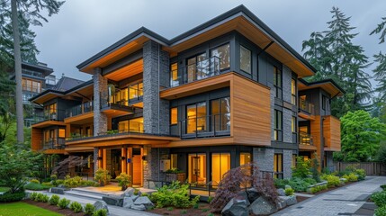 Fototapeta premium Modern multi-story house with large windows and wooden accents surrounded by greenery.