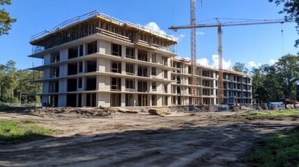 Obraz premium New apartment building construction with cranes in an urban setting