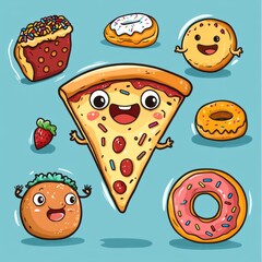 vector sticker a slice of pizza doing a dance, a grumpy donuts with sprinkles, or a taco laughing  " ai generator "
