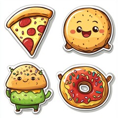 vector sticker a slice of pizza doing a dance, a grumpy donuts with sprinkles, or a taco laughing  " ai generator "
