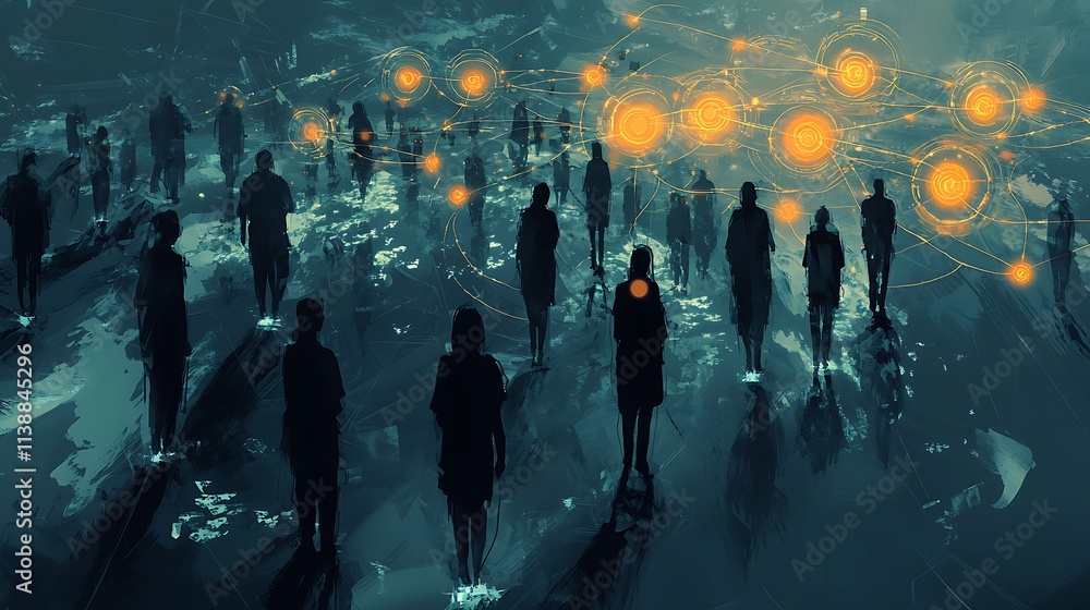 Aufkleber conceptual design of connection through the world, silhouette of people on global map in background,