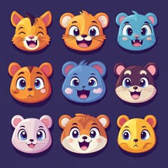 Fototapeta premium vector sticker cartoon animal faces with exaggerated emotions like happy, sad, shocked, angry, and sleepy 