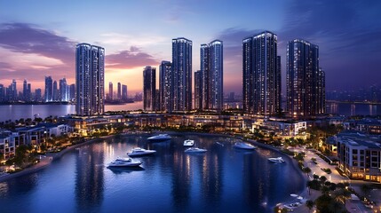 Fototapeta premium futuristic cityscape at night featuring illuminated skyscrapers, luxury waterfront views, yachts, and a vibrant skyline. A modern cityscape showcasing urban architecture, skyscrapers, and the vibrant