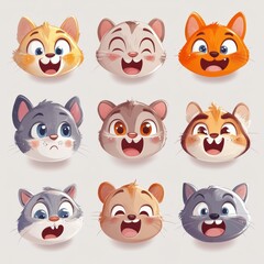 Fototapeta premium vector sticker cartoon animal faces with exaggerated emotions like happy, sad, shocked, angry, and sleepy 
