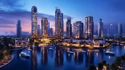 Fototapeta premium futuristic cityscape at night featuring illuminated skyscrapers, luxury waterfront views, yachts, and a vibrant skyline. A modern cityscape showcasing urban architecture, skyscrapers, and the vibrant