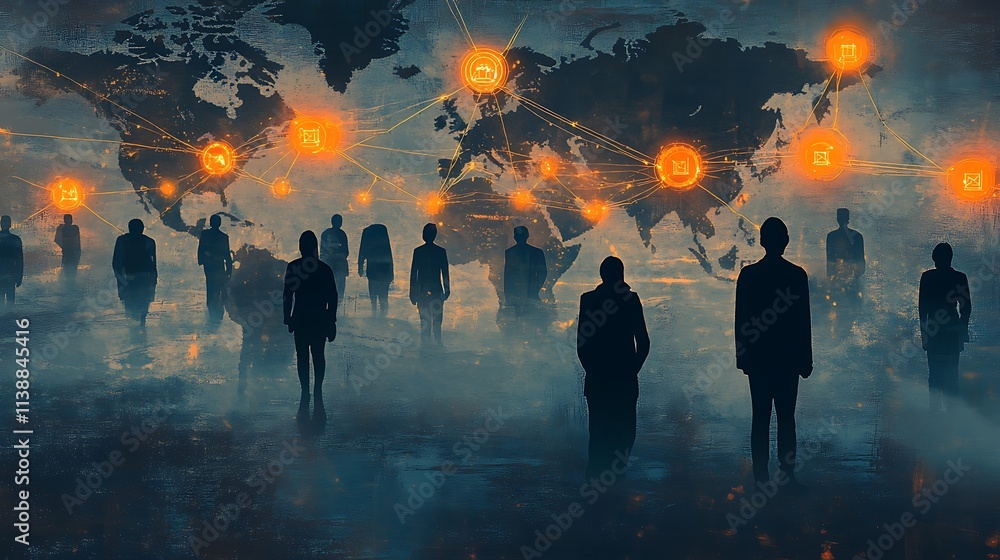 Aufkleber conceptual design of connection through the world, silhouette of people on global map in background,