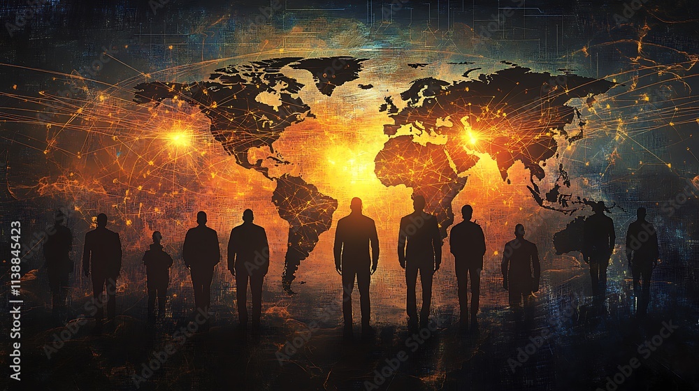 Aufkleber conceptual design of connection through the world, silhouette of people on global map in background,