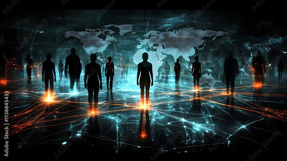 Aufkleber conceptual design of connection through the world, silhouette of people on global map in background,
