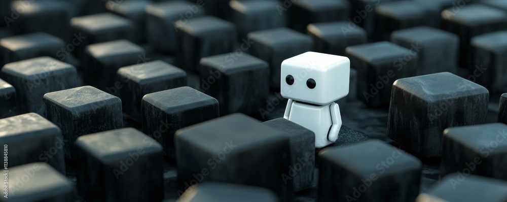 Poster unique white robot standing out in a crowd of identical cubes