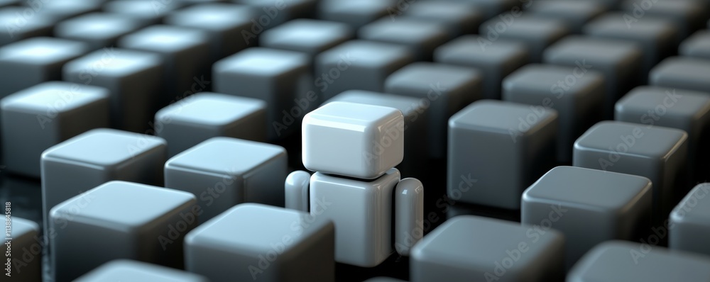 Poster unique white robot standing out in a crowd of identical cubes