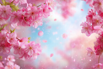 A serene Hanami festival beneath cherry blossom trees, where petals gently fall like pink confetti while families enjoy picnics